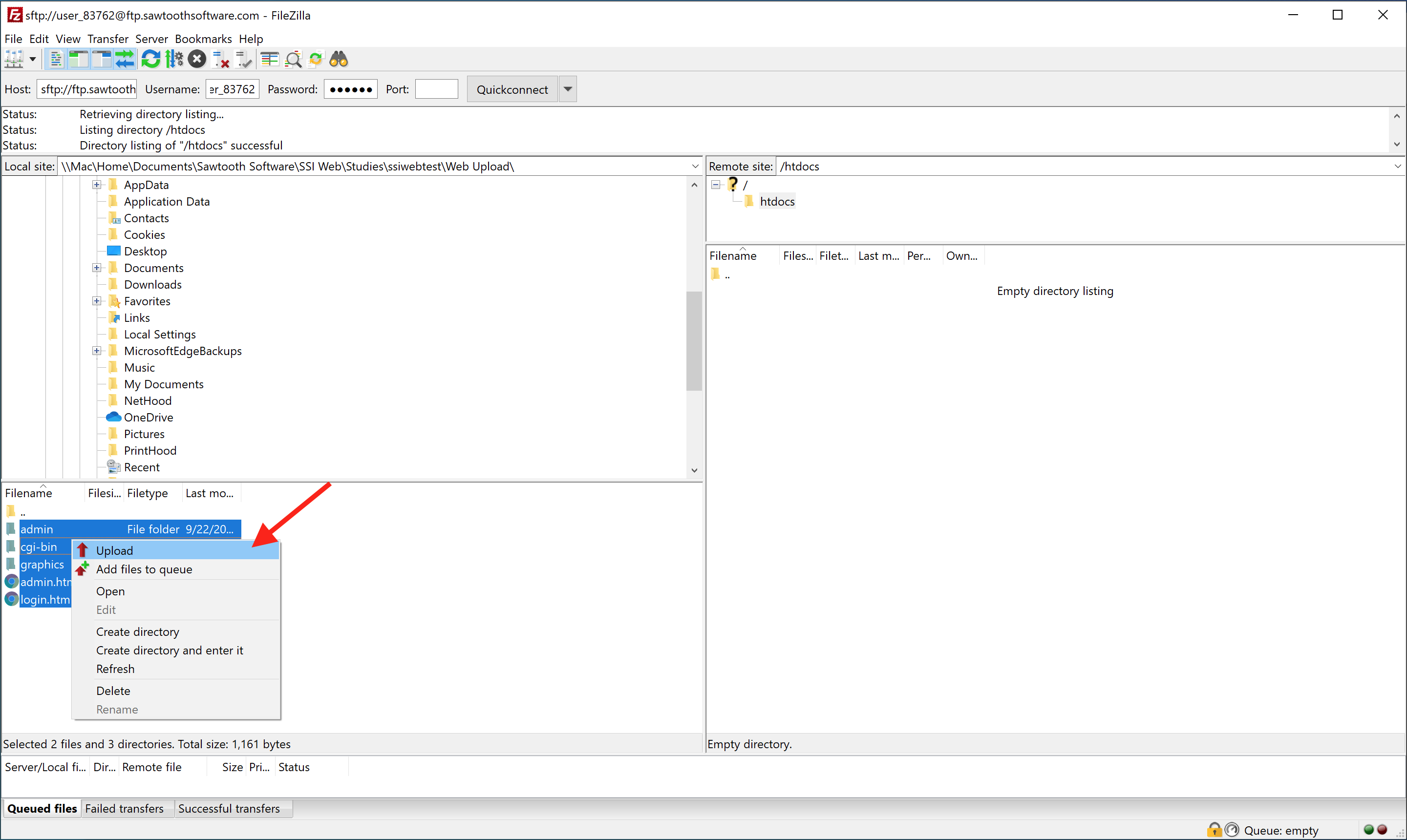 Screen Shot pointing out the "Upload" right-click menu option in FileZilla
