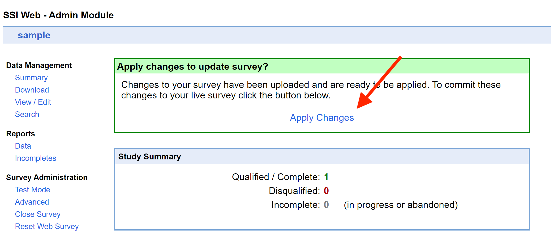 Screen shot pointing out the "Apply Changes" link in the Admin Module interface.