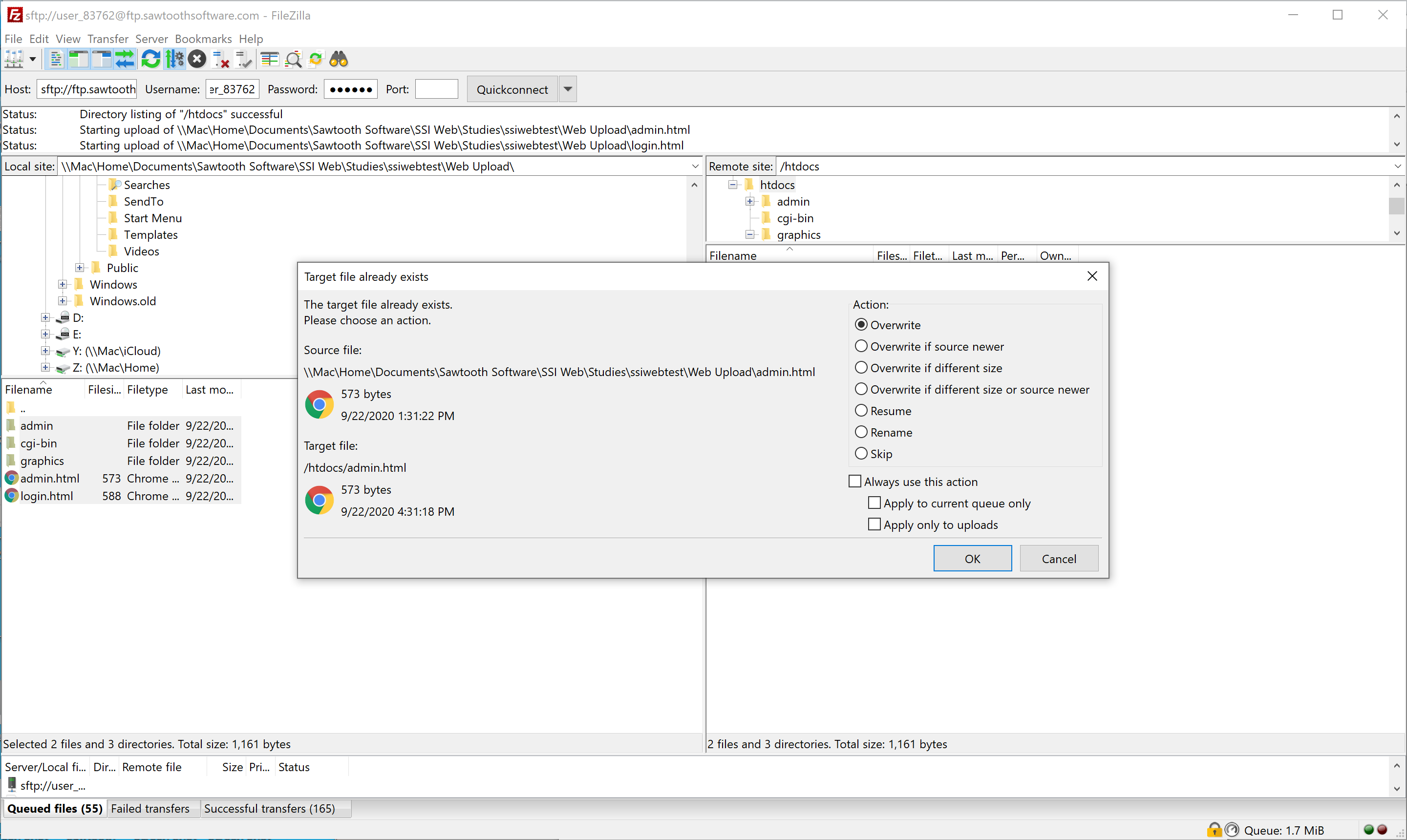 Screen Shot showing the "overwrite" dialog box in FileZilla.
