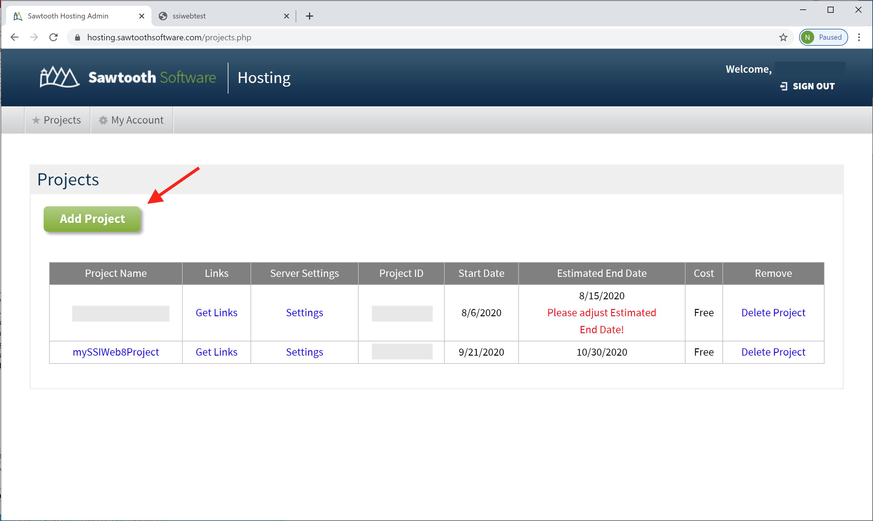 Screen shot pointing out the "Add Project" button in the Sawtooth Software hosting system.