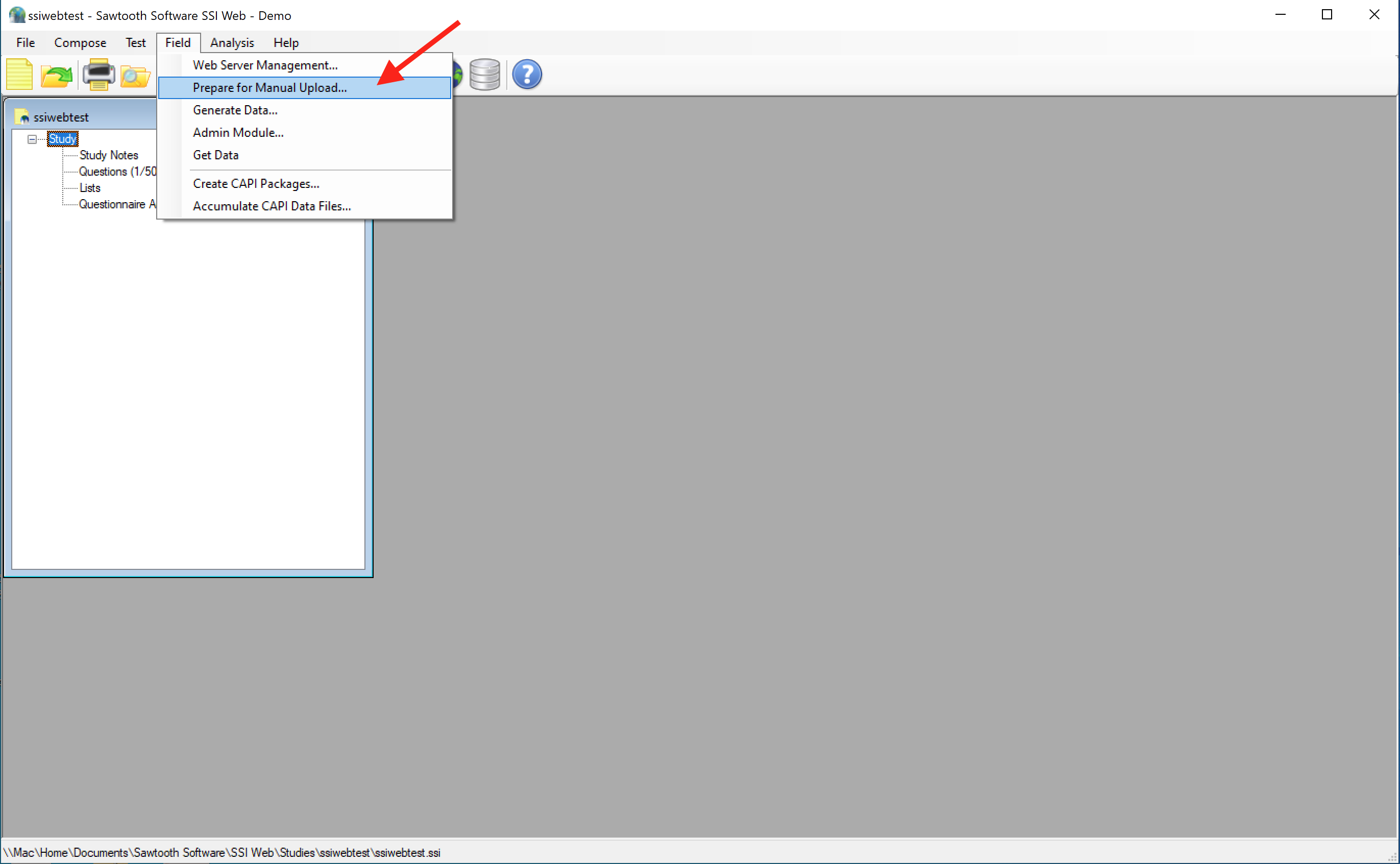 Screen Shot pointing out the "Prepare for manual upload" menu option in SSI Web 8.
